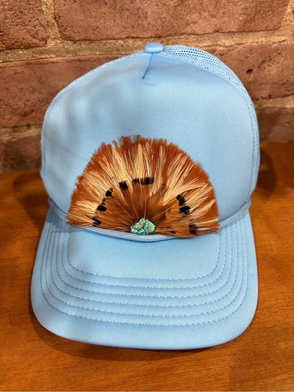Little Bird Light Blue Boho Trucker Hat with Feather and Turquoise Accent